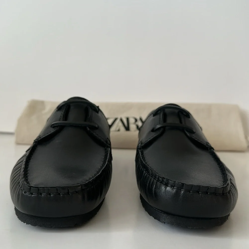 Zara Men's Black Leather Boat Shoes Size 7